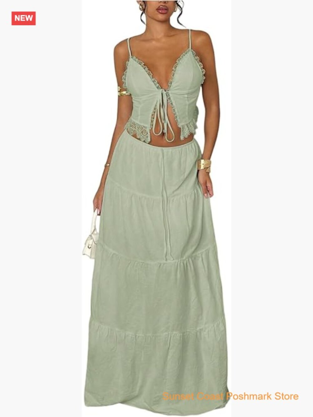 Women's 2 Piece Outfit Lace Trim Tie Front Camisole Top Tiered Maxi Skirt Set